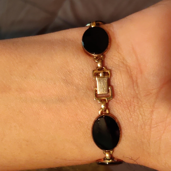 Antique oval Black Onyx Sterling+1/20 14kt Genuine gold filled bracelet 8"  50's - Picture 12 of 17